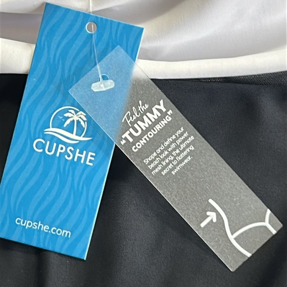 CUPSHE ASYMMETRICAL BLACK WHITE TUMMY CONTOURING ONE PEICE MESH MIDDLE SZ XL - Picture 10 of 16